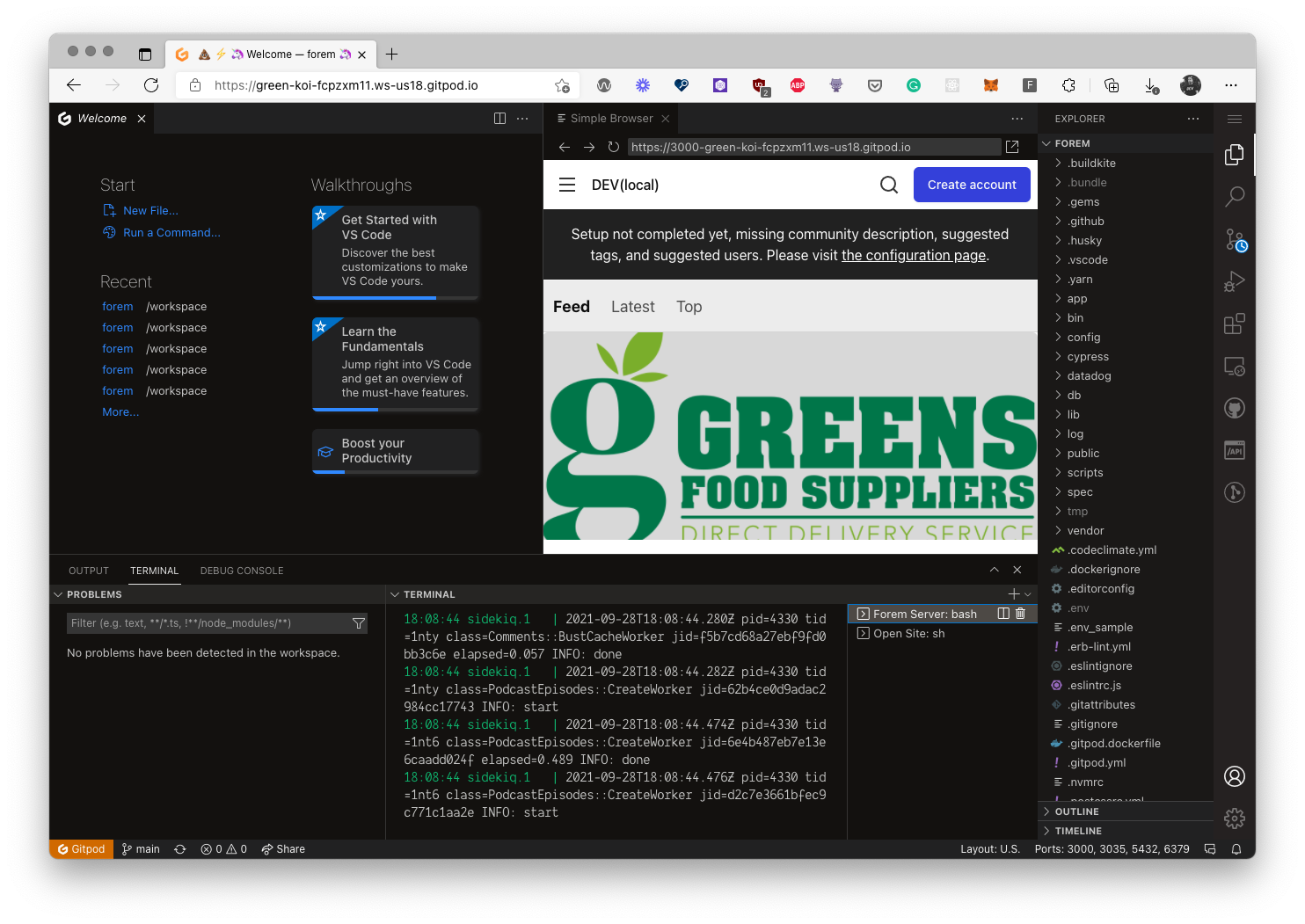 Gitpod browser preview with the Forem development instance loaded
