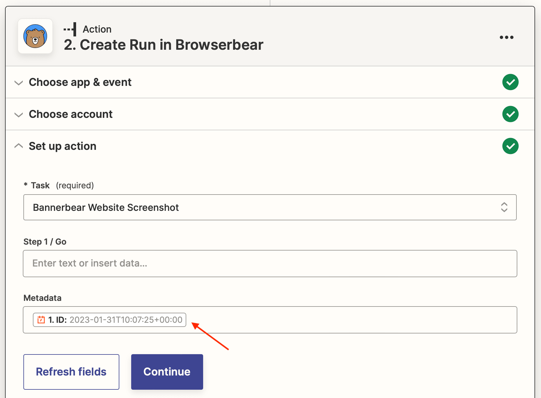 Screenshot of Zapier Browserbear create run action with red arrow pointing to metadata