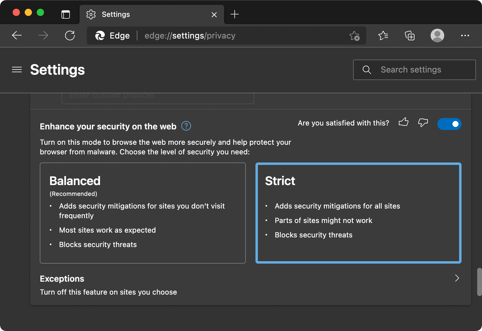 Edge privacy settings showing the “Enhance your security on the web” section.