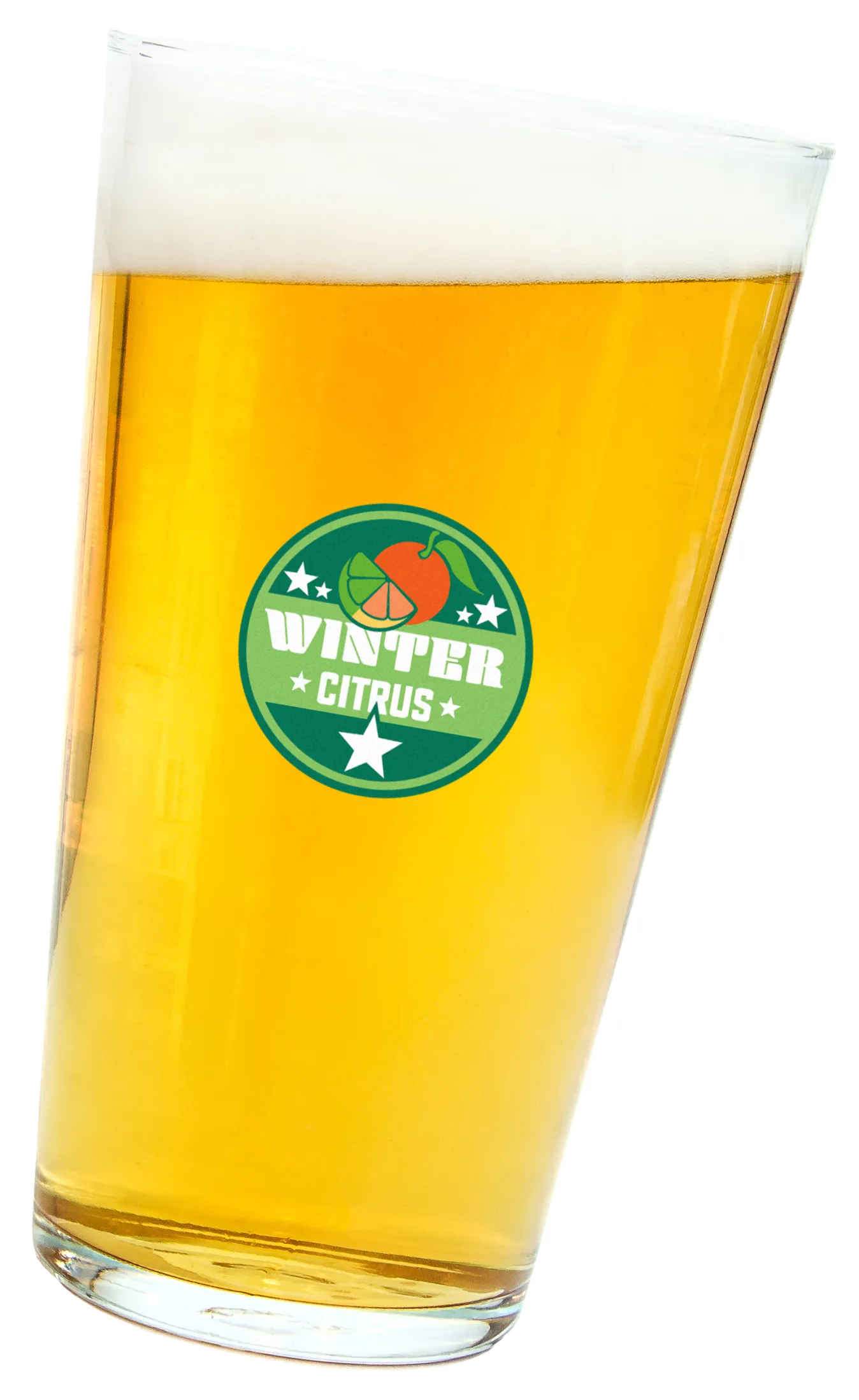 A tilted pint of beer with a "Winter Citrus" logo.