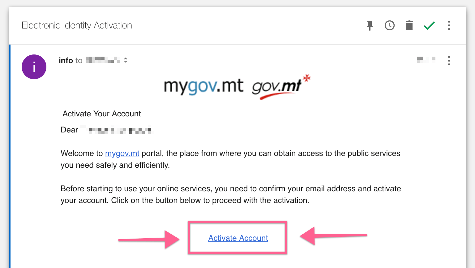 Malta eid activation email, click activate account button