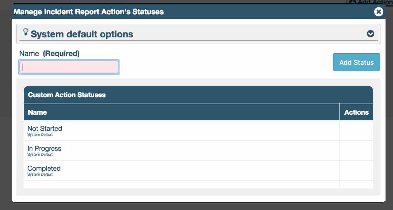 Manage Incident Action’s Statuses light-box