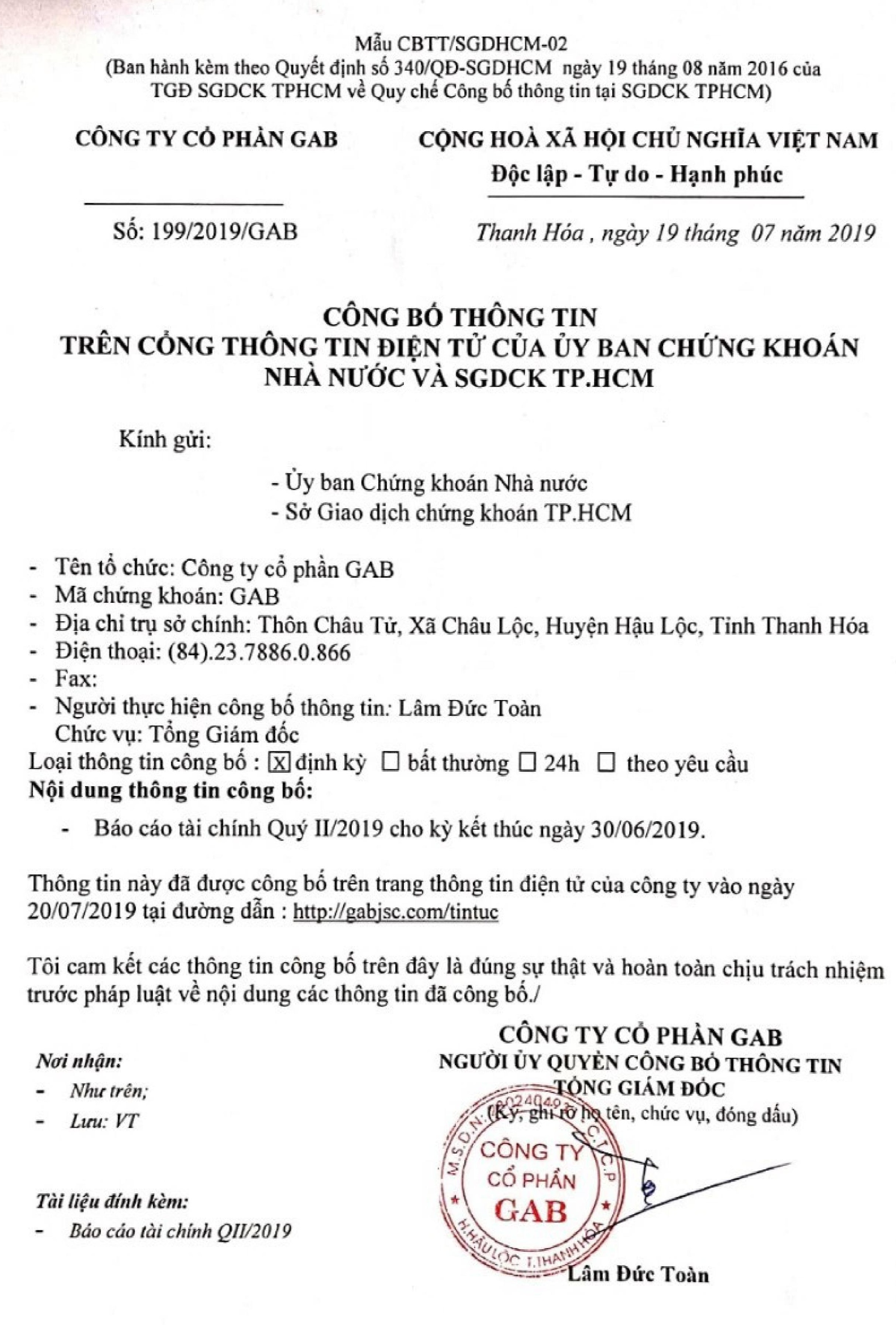 Báo cáo tài chính Quý II/2019