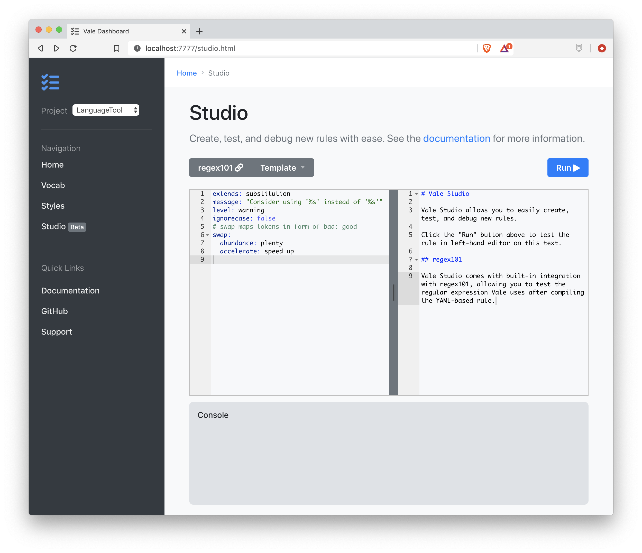 A screenshot of the dashboard's Studio page.
