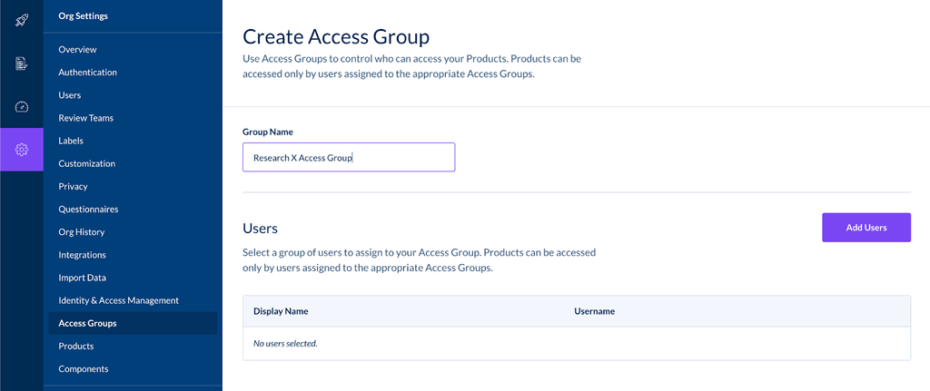 Create access groups page. 