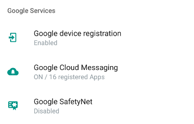 MicroG home screen showing options for Google Cloud Messaging and SafetyNet.