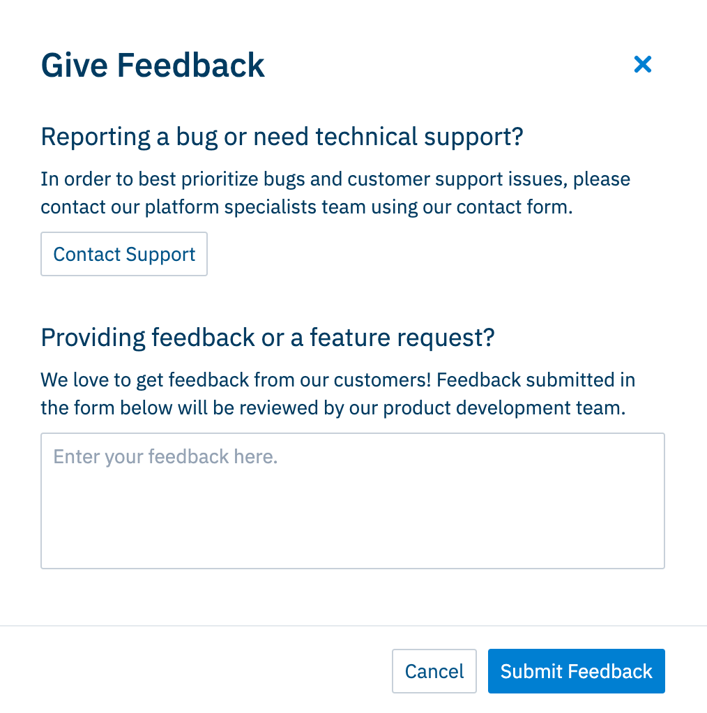 A feedback form from Amplitude with a button to 'Contact Support' and an open form for 'Providing feedback or a feature request.'