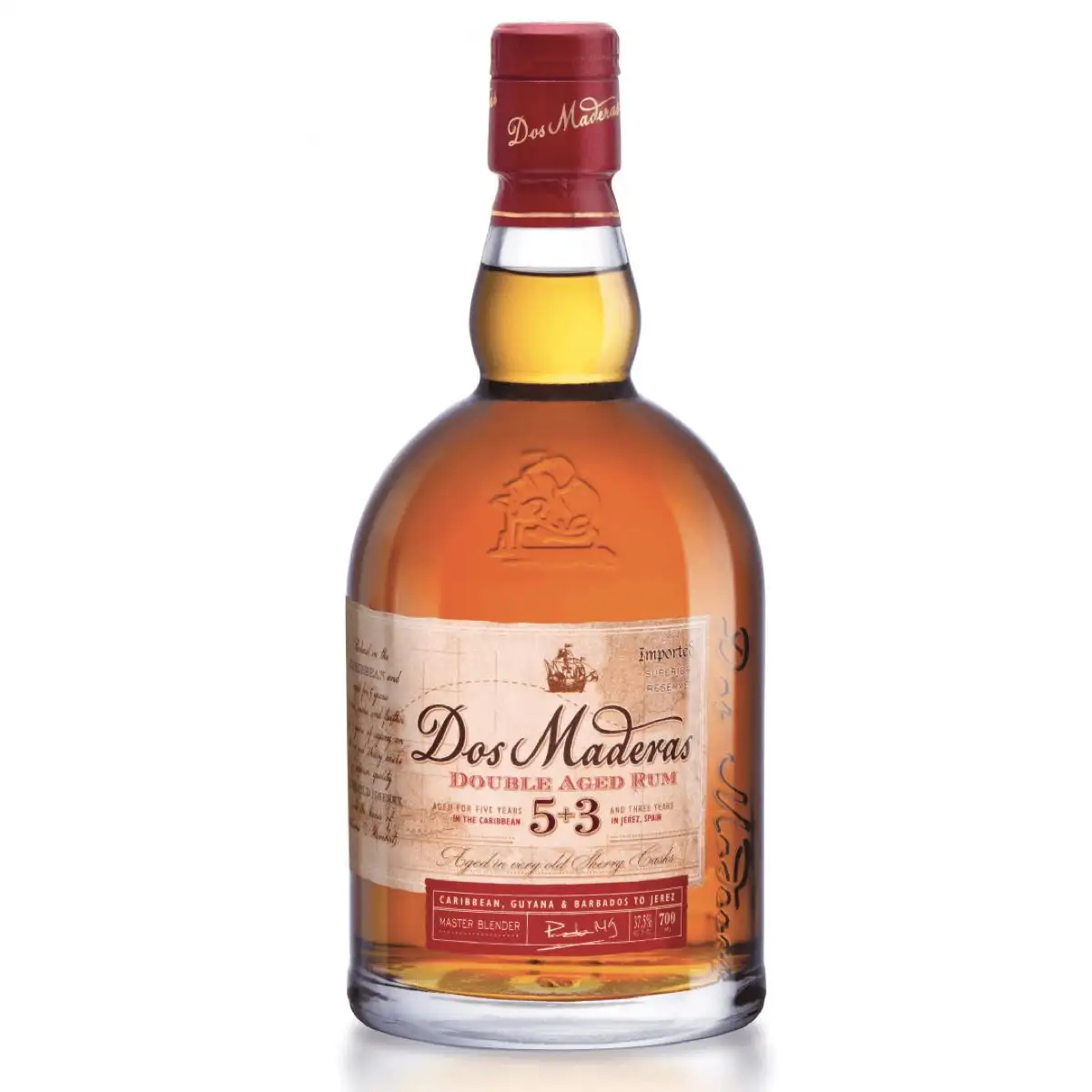 Image of the front of the bottle of the rum Dos Maderas 5 Years + 3 Years