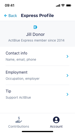 the mobile view of a donor’s profile