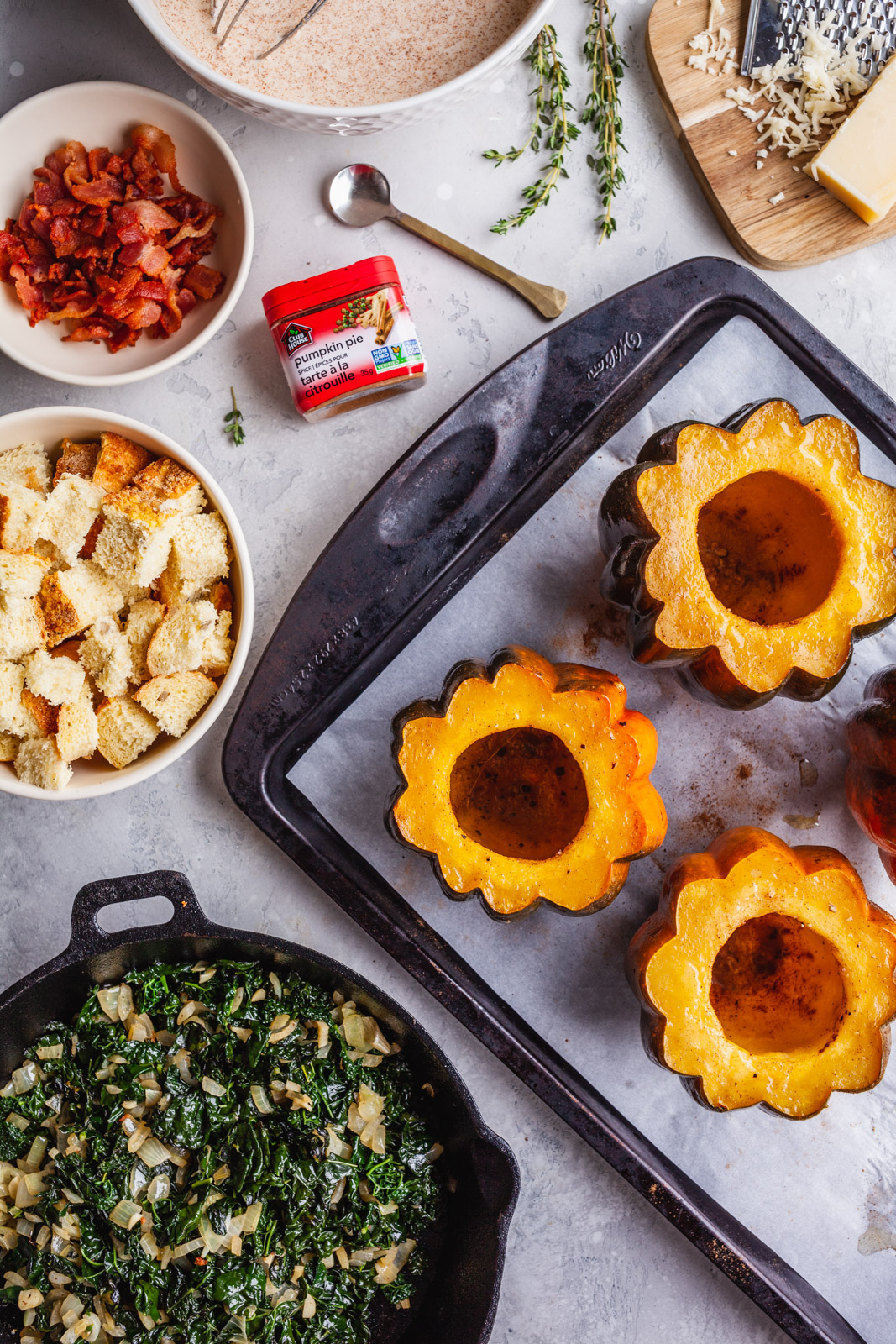 Stuffed Acorn Squash With Bacon And Kale Bread Pudding