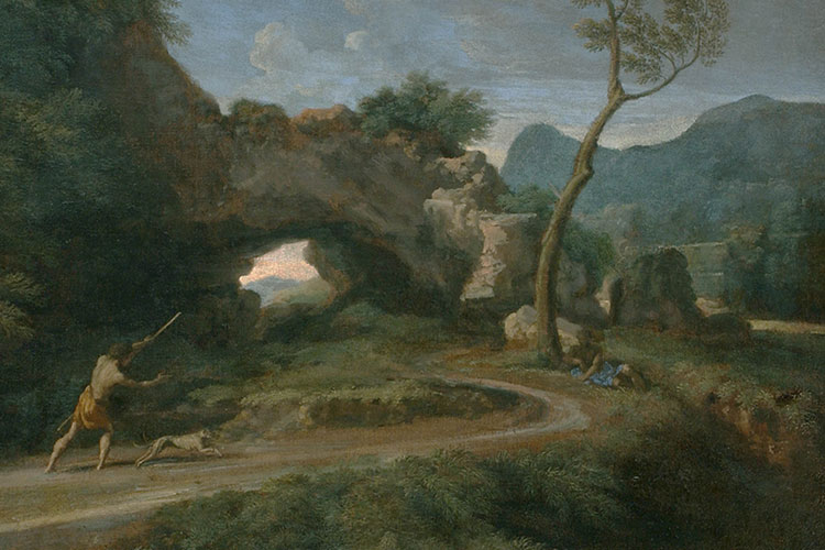 Landscape painting depicting a natural rock formation with shepherd and dog in foreground