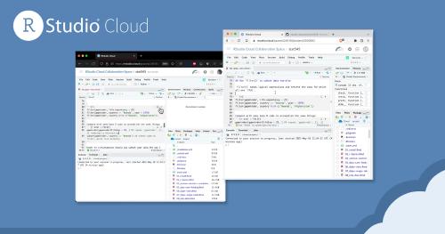 缩略图两个不同的rstudio云会话的屏幕截图，背景为rstudio blue，带有rstudio cloud徽标