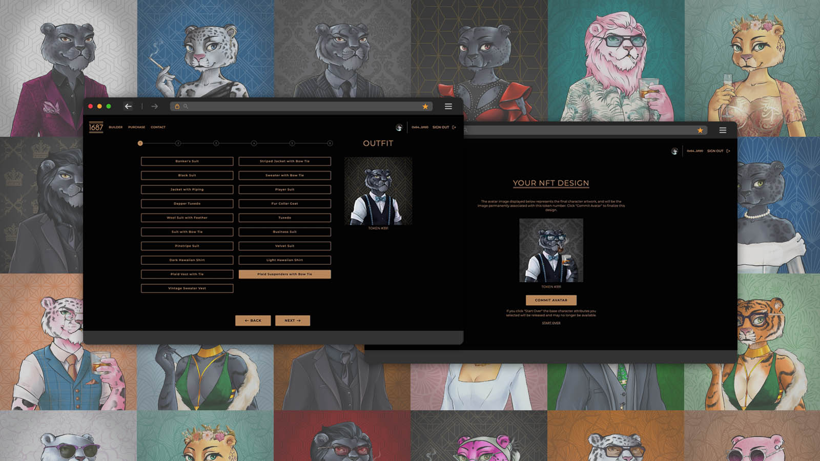 A preview of the 1687 Club custom NFT avatar builder.