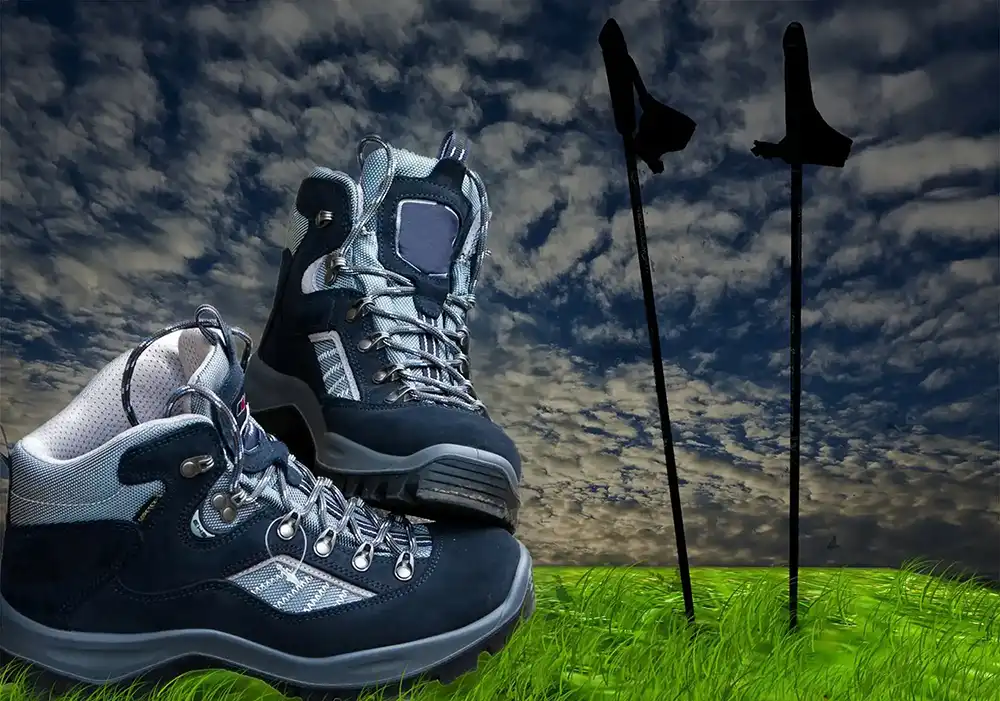 Hiking shoes and Nordic walking poles