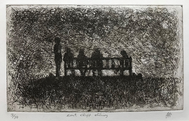 etching of figures on a bench