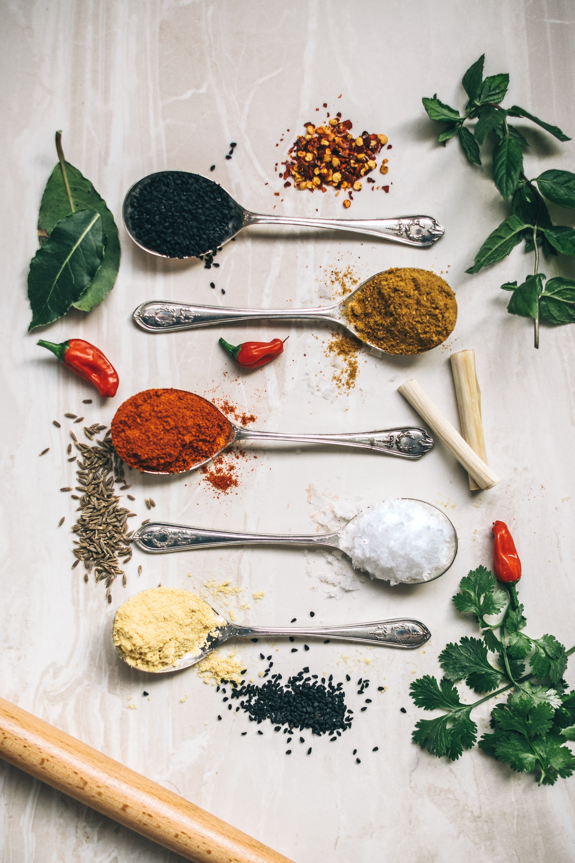 Spices laid out on a table