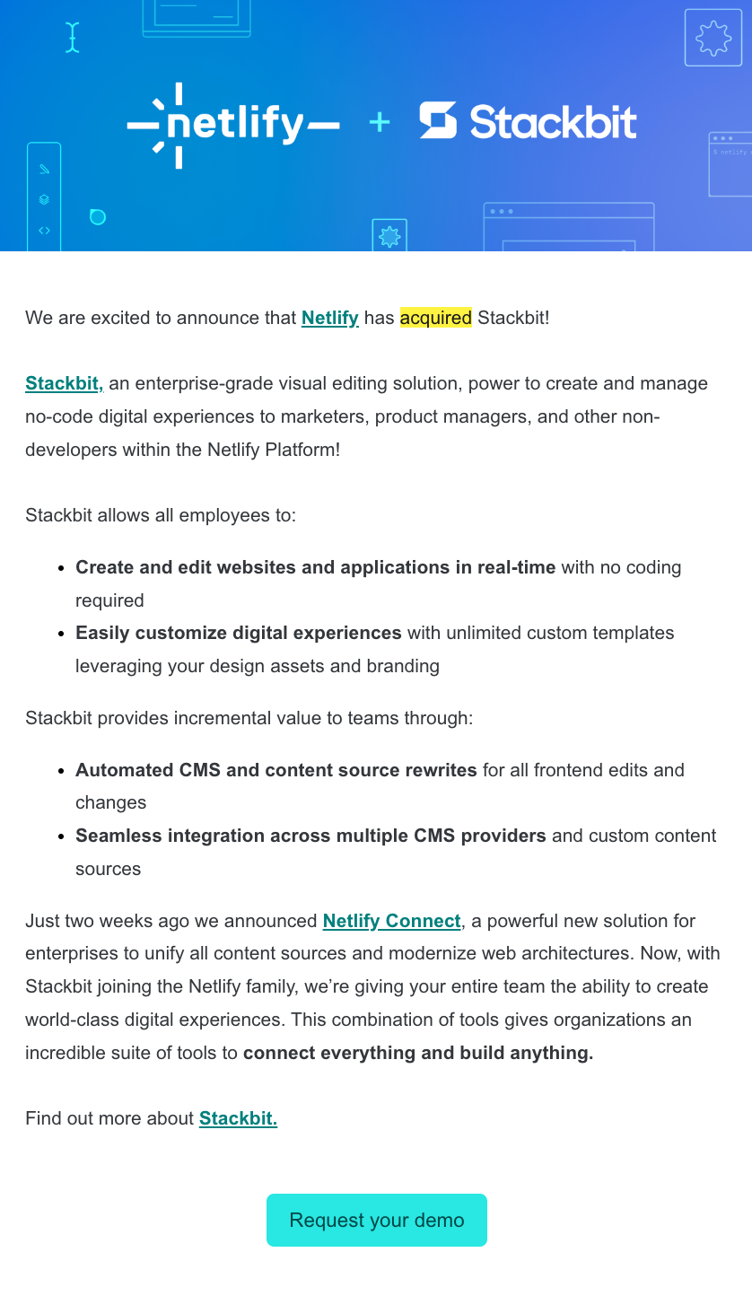 SaaS Company Acquisition Announcement Emails: Screenshot of Netlify's announcement email when they acquired Stackbit