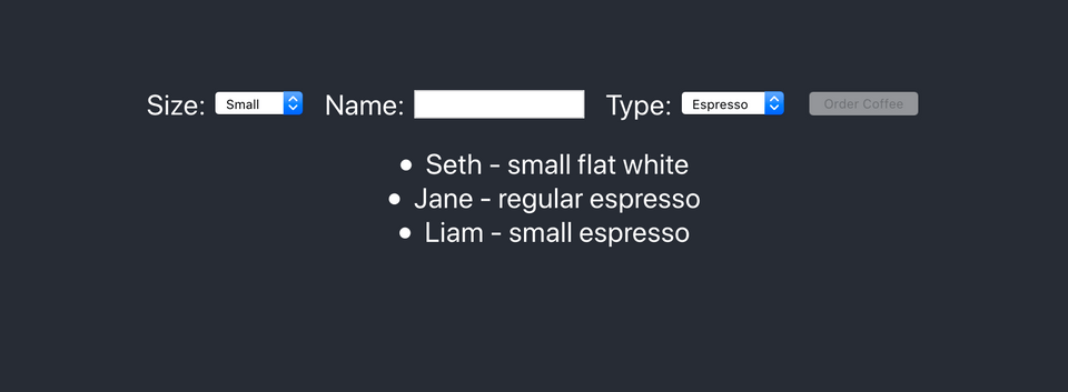 A screenshot of our coffee ordering web app in React A screenshot of our coffee ordering web app in React