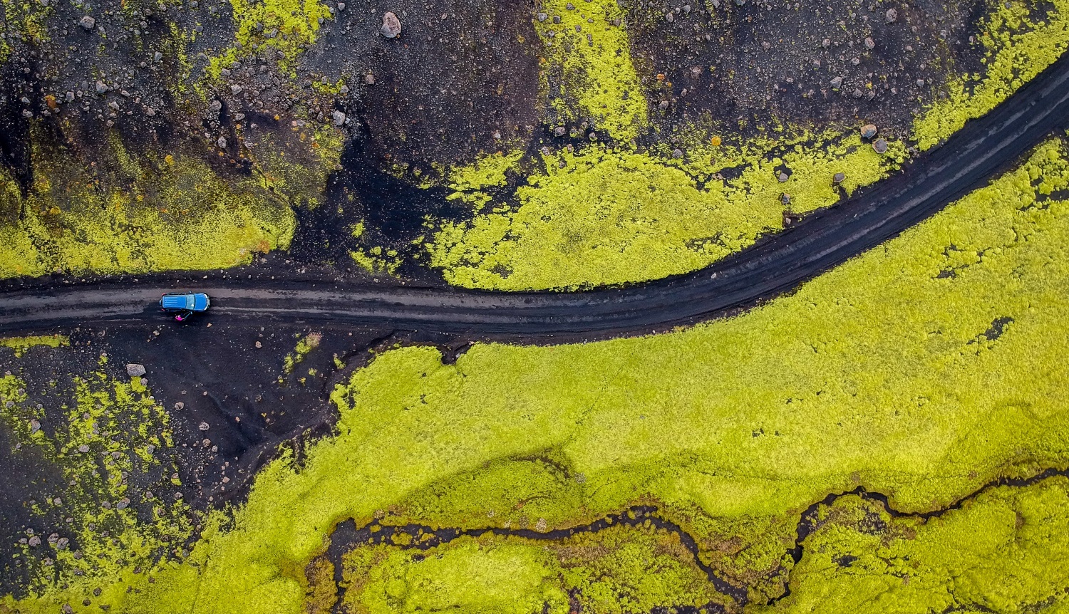 Stopped car on Icelandic road from above