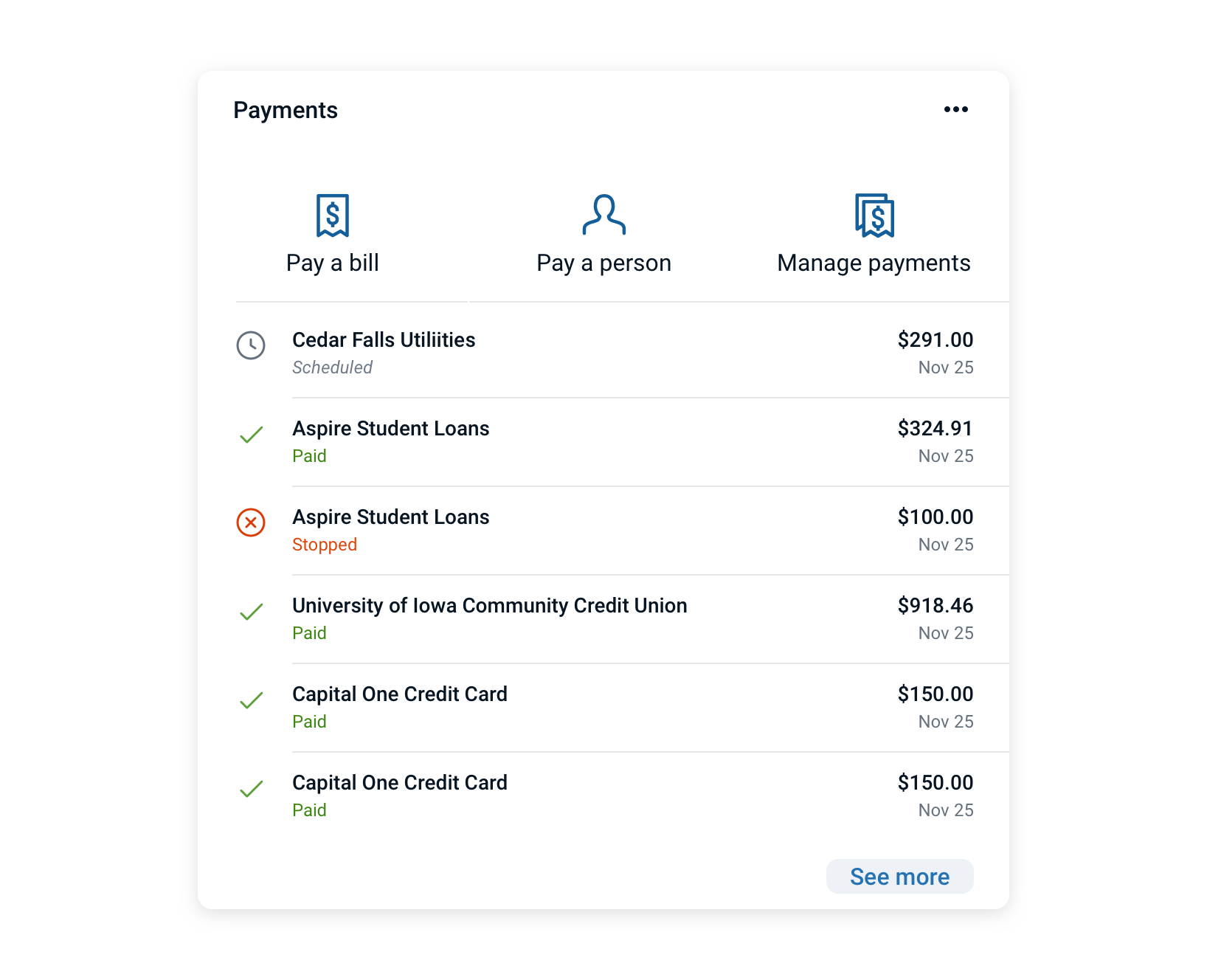 A card layout that combines a group of vertical icon buttons with list items in the content area