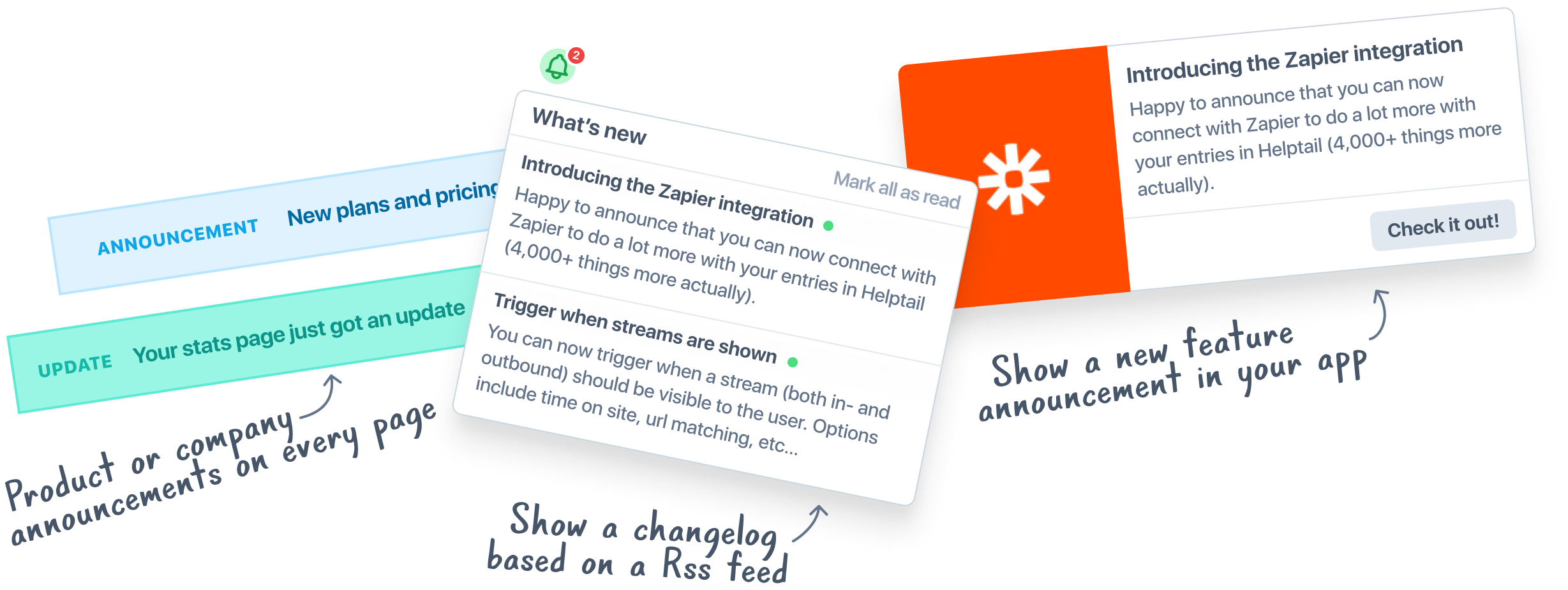 3 preview examples of usage of Helptail: quality survey for article, changelog list and feature introduction modal for Zapier