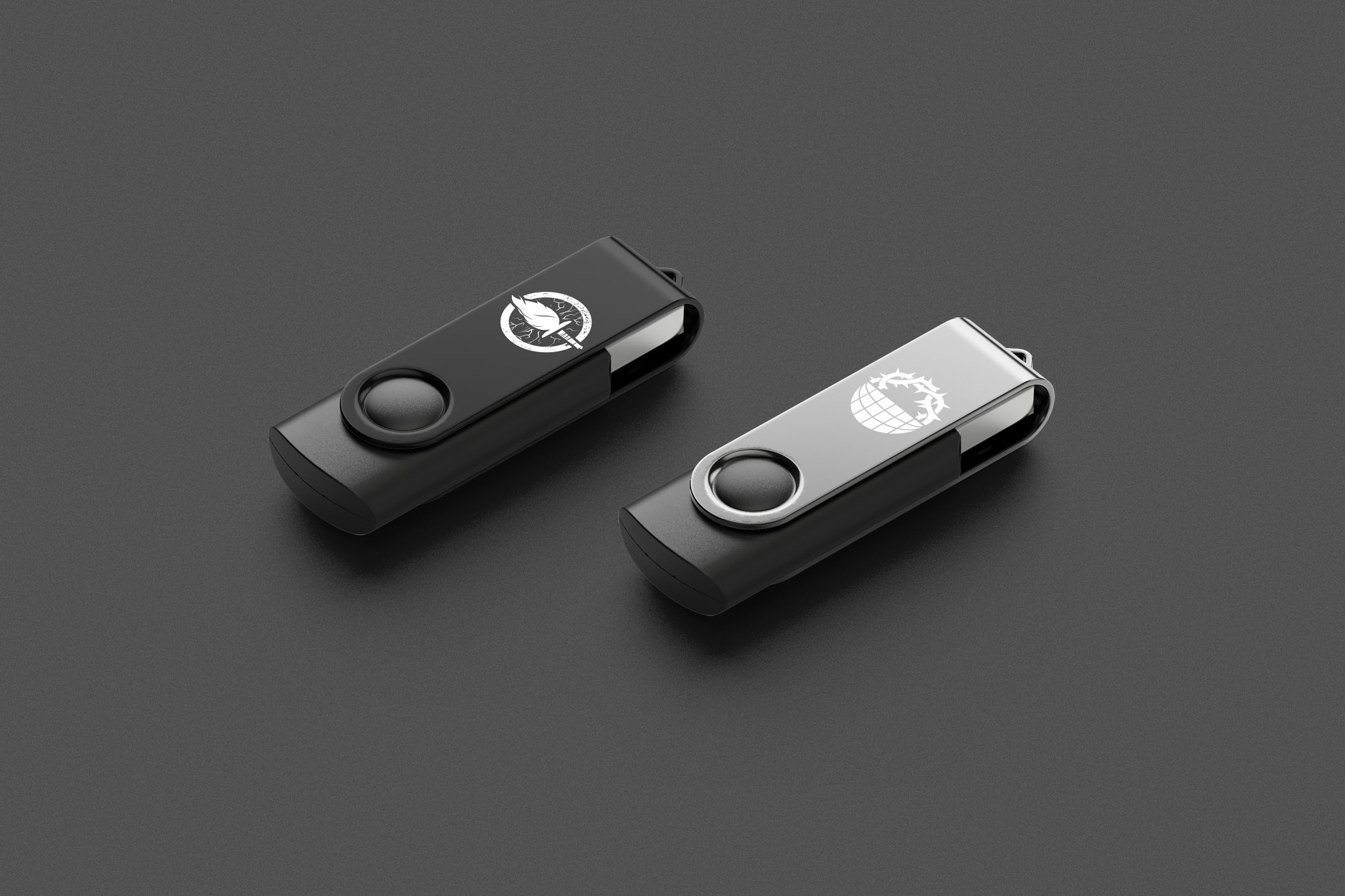 USB thumb drive sticks with their respective emblems printed on the metal casing.