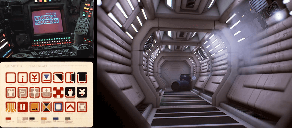 Impressions from the Alien movie showing a computer, a corridor and some icons.