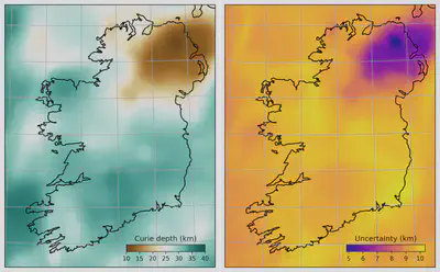 Median and standard deviation of Curie depth in Ireland computed from EMAG2