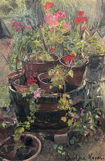 The Tub of Potted Geraniums gouache painting