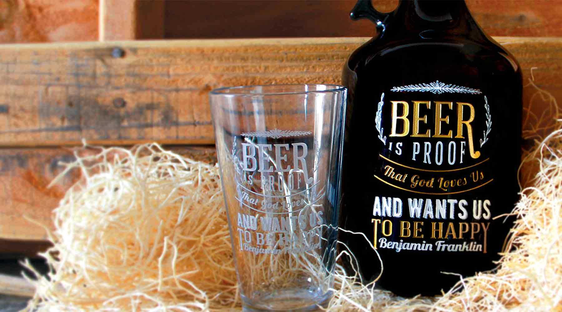 Etched pint glass and custom growler by Etching Expressions