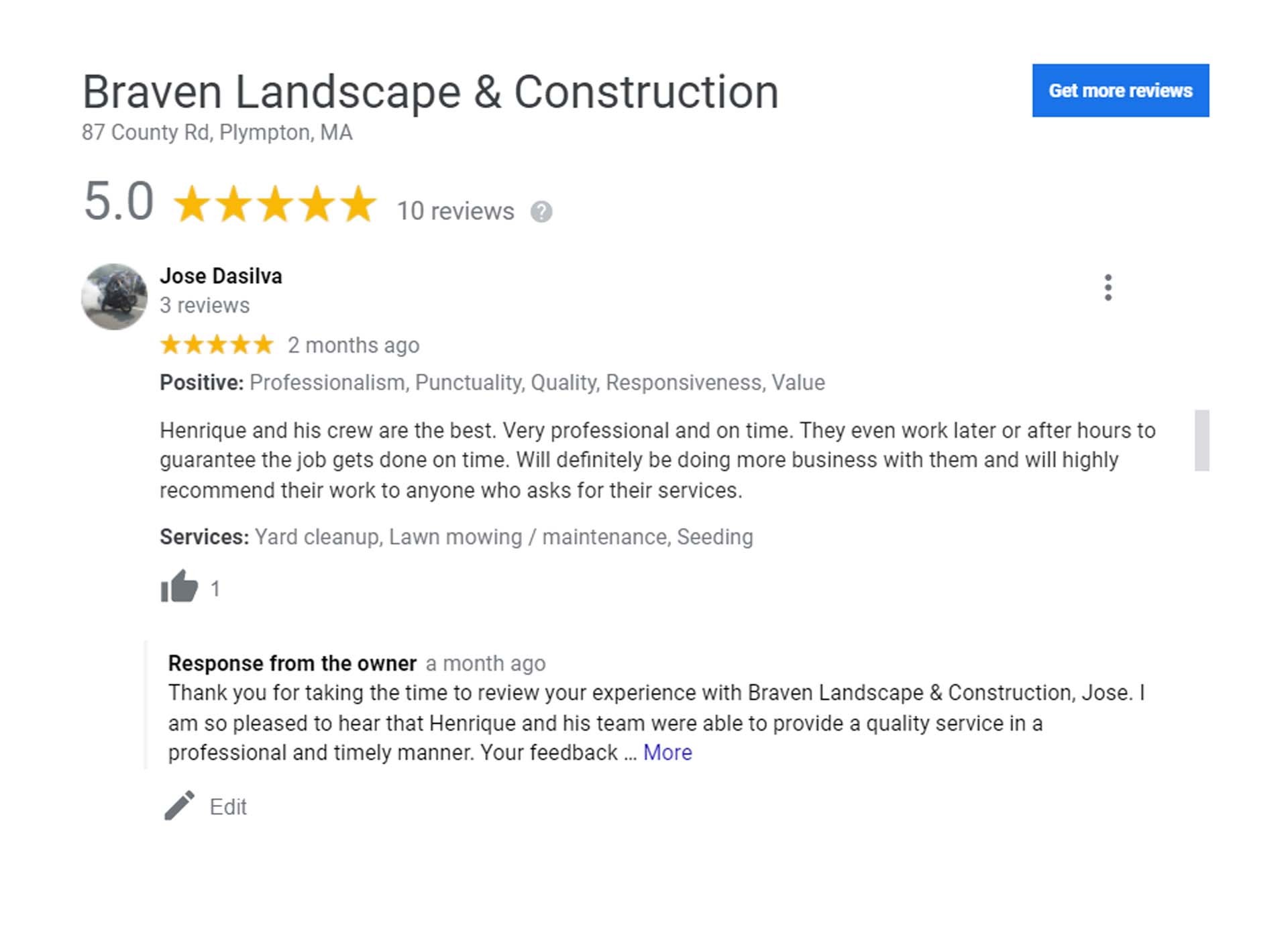 5-star construction review on Google for Braven Landscape & Construction