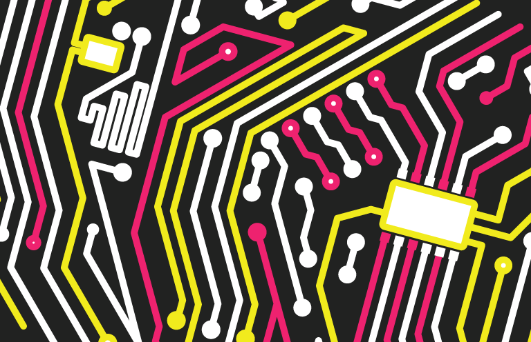 A colorful illustration of a computer chip with various lines and circuits in hot pink, white, and yellow, against a black background