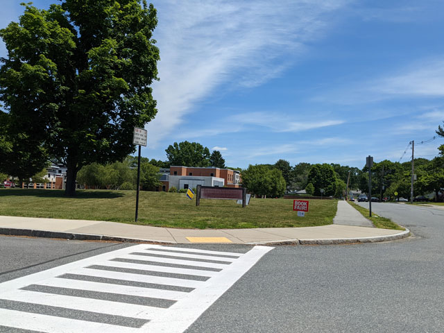 The entrance to Bennett-Hemenway Elementary School at 22 East Evergreen Road, Natick, MA
