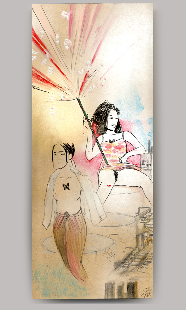 An acrylic painting on wood panel, titled 'Swallowtail Butterfly', of a woman with a butterfly tattoo on her chest, walking away from a pantless woman sitting in a chair with a lit roman candle. A factory is painted in the bottom right background.