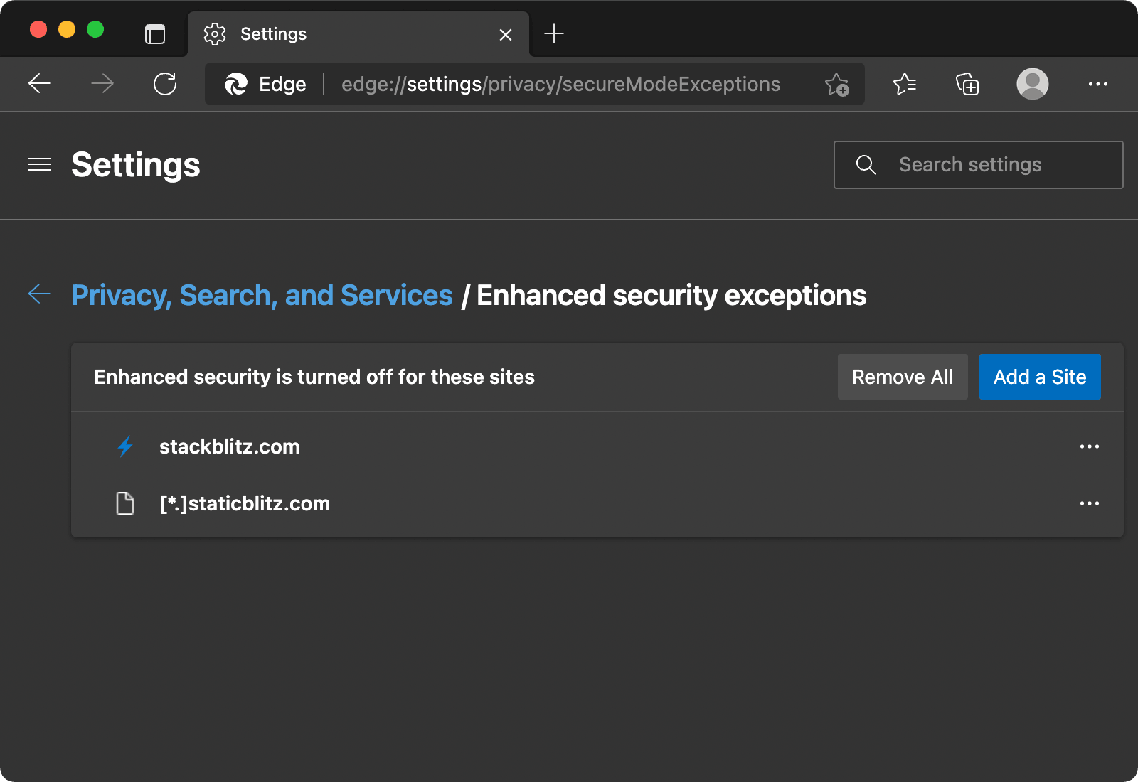 Edge privacy settings showing two entries added under the label “Enhanced security is turned off for these sites”.
