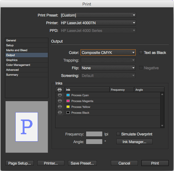 The 'print' modal window in InDesign