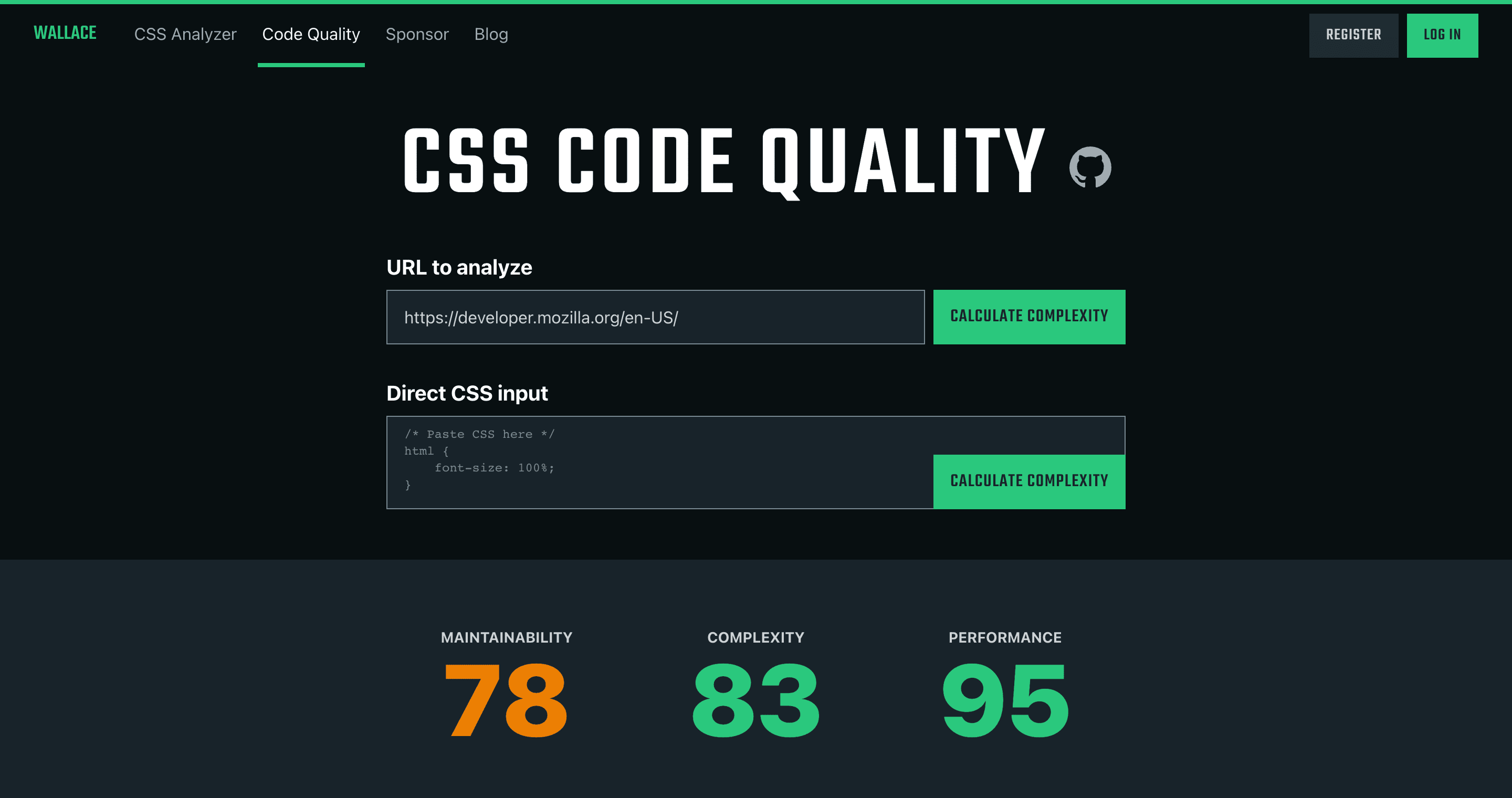 Screenshot of CSS Code Quality scores for MDN site.