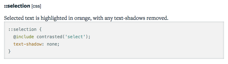 syntax highlighted code block and description of selector