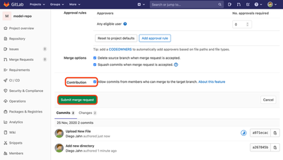 Screenshot of the model repository webpage on GitLab with the ‘Contribution’ box checked and the ‘Submit merge request’ button highlighted