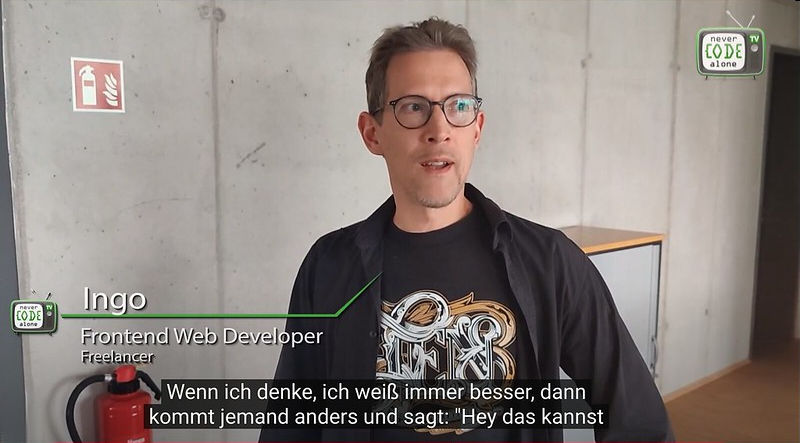 Photograph: Ingo Steinke, Frontend Web Developer, Freelancer, on never code alone TV in 2021 (partial captions in German)