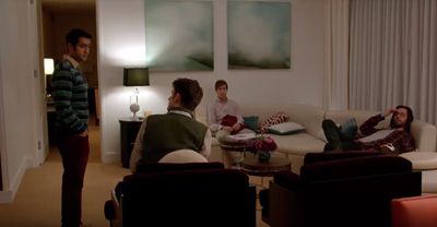 Various characters from Silicon Valley sit around a living room having a conversation while CEO Richard Henrichs stares into the distance as he starts to realize the solution to a problem inspired by the conversation happening in the room.