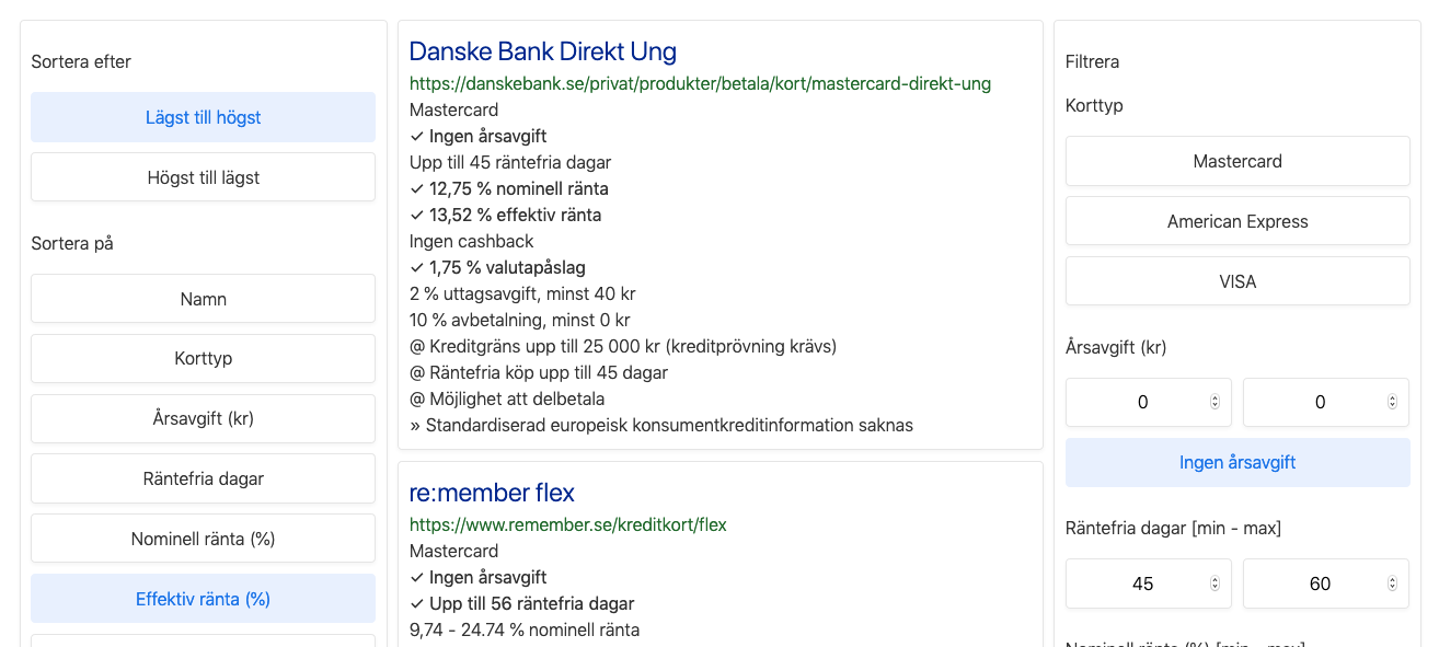 Filter och sortering för kreditkort utan avgift och lägst effektiv
ränta