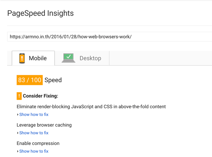 ผลจาก PageSpeed Insights ก่อน optimize