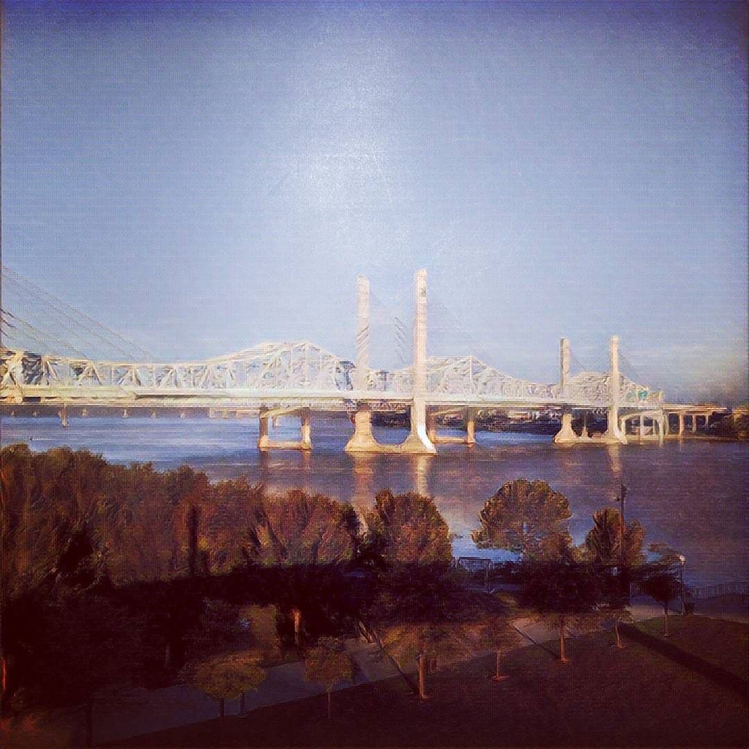 A photograph of a brutalist suspension bridge of white steel and concrete pylons crossing the Ohio River, processed to look like an oil painting.