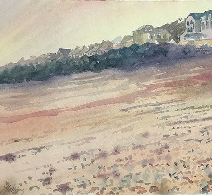 watercolour painting of view up Sandgate beach to houses behind