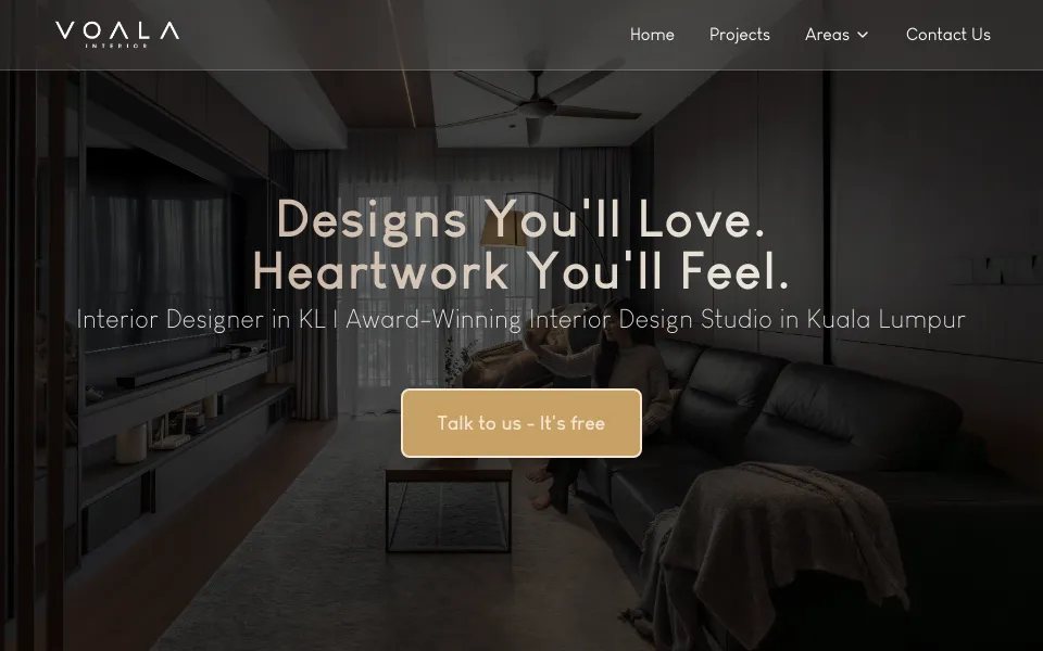 Voala Interior homepage screenshot showing custom interior design portfolio website built by Swayed