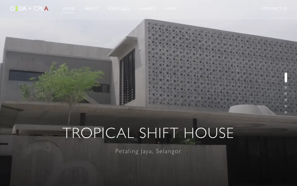 O2DA CPLA architecture firm homepage screenshot showing clean project showcase layout for 60+ projects