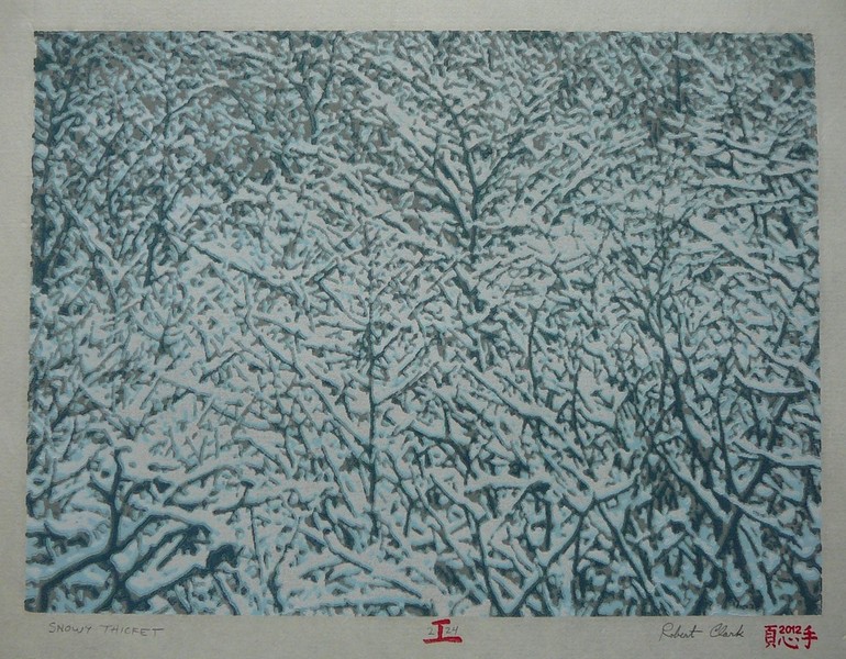 Snowy Thicket woodblock print