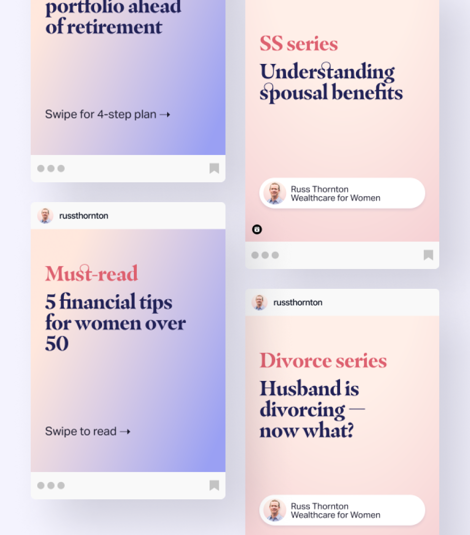Mockups of Instagram carousel covers and Reel thumbnails bearing the Wealthcare for Women branding
