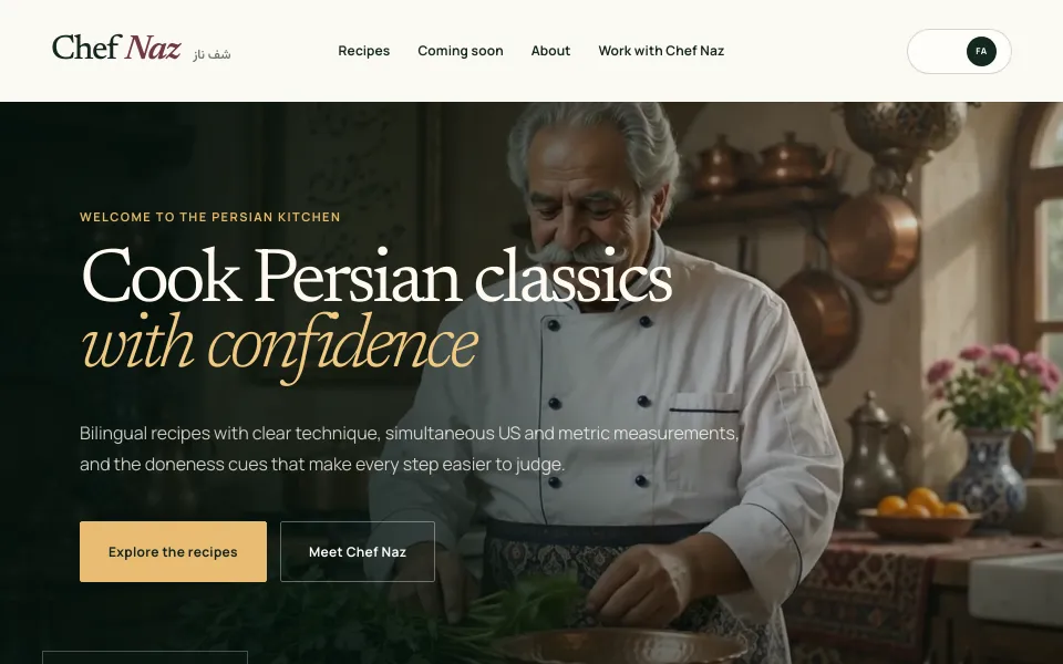 Live preview of the ChefNaz.com culinary brand homepage